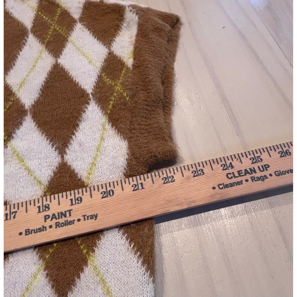 Free People Argyle V-Neck Sweater Vest‎ Brown White Fuzzy Cropped Small Preppy - Picture 4 of 11